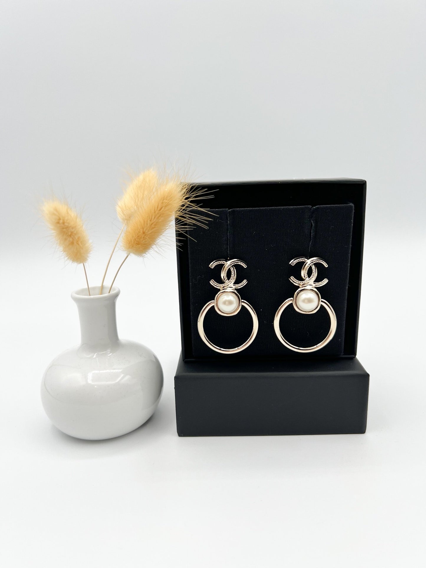 Chanel CC Pearl Hoop Earrings